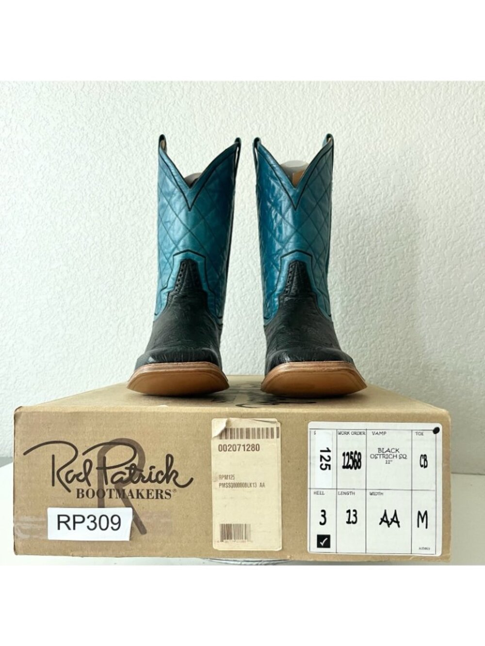 Rod Patrick Mens Black Ostrich Cowboy Boots Size 13 Blue Top Western Square Toe - Picture 11 of 12
